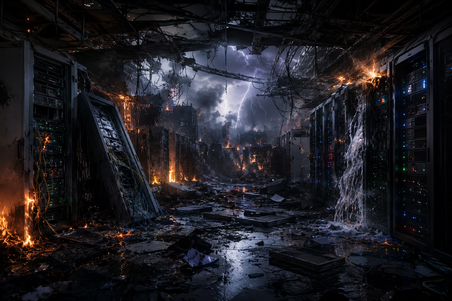 A destroyed server room engulfed in fire and water under a stormy sky — the wreckage of an unchecked stack